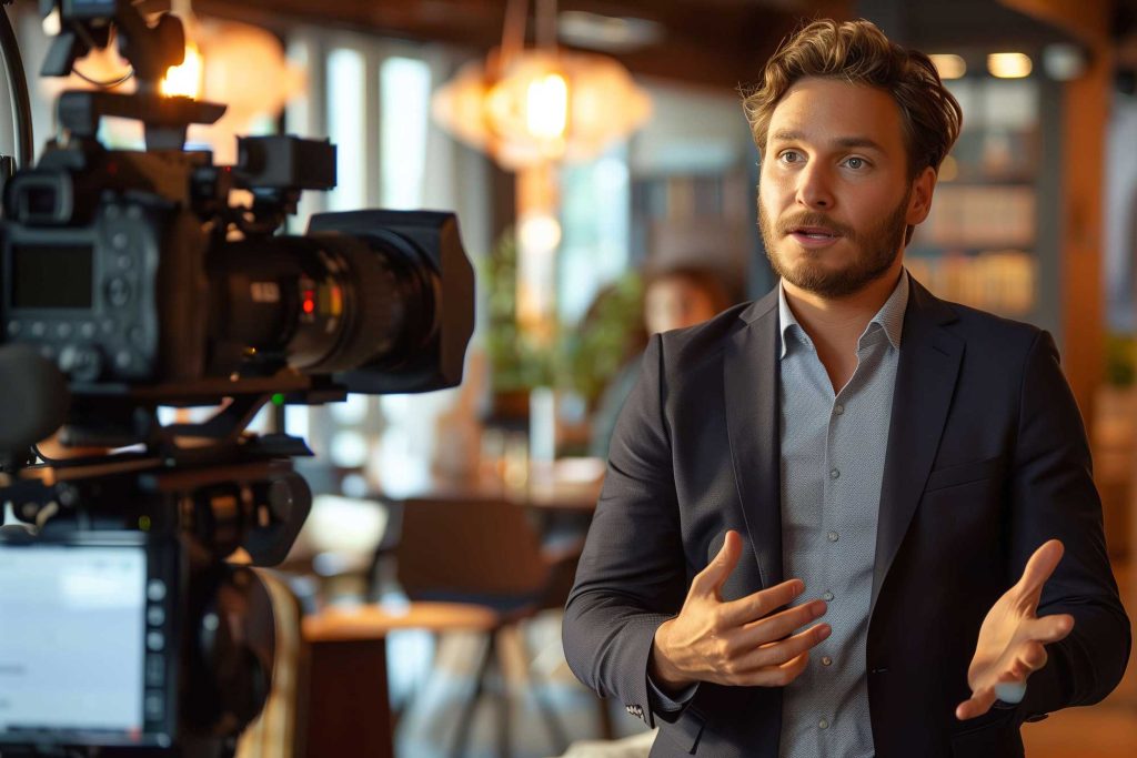 man showing communications coaching in front of camera